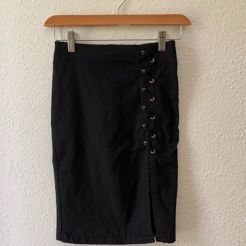 Black Lace up detail skirt